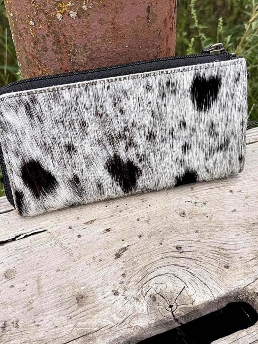 Genuine Hair-On Cowhide Zip-Around Wallet White & Black